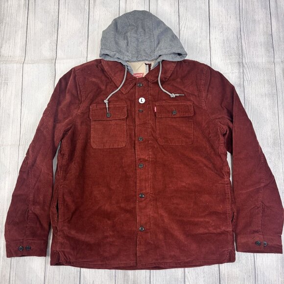 Levis Corduroy Sherpa-Lined Jacket With  Hood Size Large Red & Gray - Picture 1 of 13